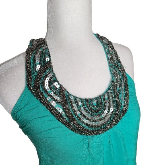 Bamblue Turquoise Beaded Bib Halter Rayon Dress - Picture 3 of 6